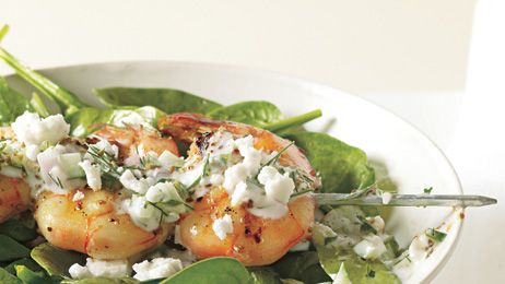 Diabetic-Friendly Shrimp Skewers with Tzatziki, Spinach, and Feta